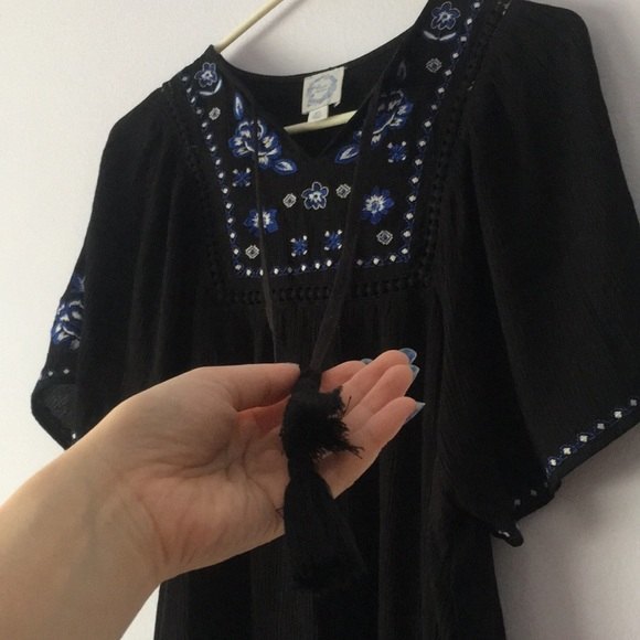 Blue Rain Boho Embroidery Embroidered Tassel Tie Neck Peasant Dress - Picture 8 of 11